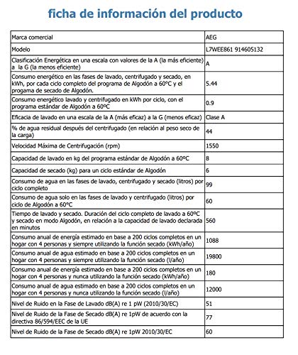 AEG L7WEE861 Lavasecadora de Libre Instalación, Carga Frontal, Lavadora 8 Kg, Secadora 6 Kg, 1600 rpm, Serie 7000, Motor Inverter, Programa Rápido, Panel LCD, Puerta XL Plateada, Blanca, Clase A