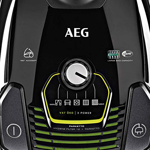 AEG VX7-2-ECO Aspiradora de Trineo Con Bolsa de Potencia, Con Bolsa, Gran Filtración, Radio de acción de 12m, Silencioso, 69dB de Ruido, Ecológico, Cepillos Suelos Duros, Cepillo Parquet, 650W, Negro
