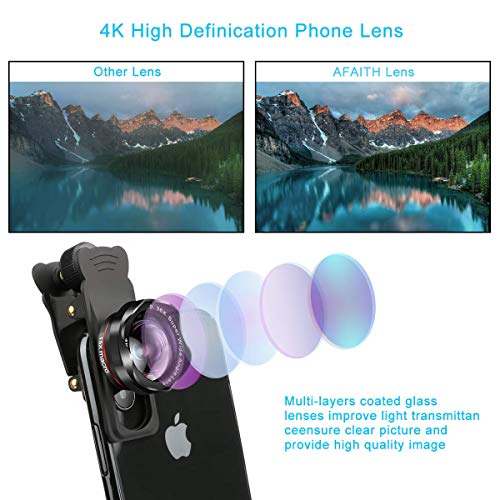 AFAITH Lente de Cámara para Teléfono, 5 en 1 Lentes para Moviles Kit, Teleobjetivo para Movil 12X ,Lente Ojo de Pez de 180° , 0.36X Gran Angular, 2 Lente Macro 15X para iPhone / Android Smartphone