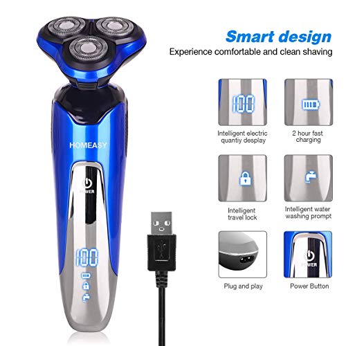 Afeitadora Electrica Hombre 3D Cabezas Flotantes Rotativa 4 En 1 Maquinilla Afeitar Uso en Húmedo, Seco Afeitadora Multifuncional para Bigote, Barba, Nariz, Limpieza facial con Pantalla LCD
