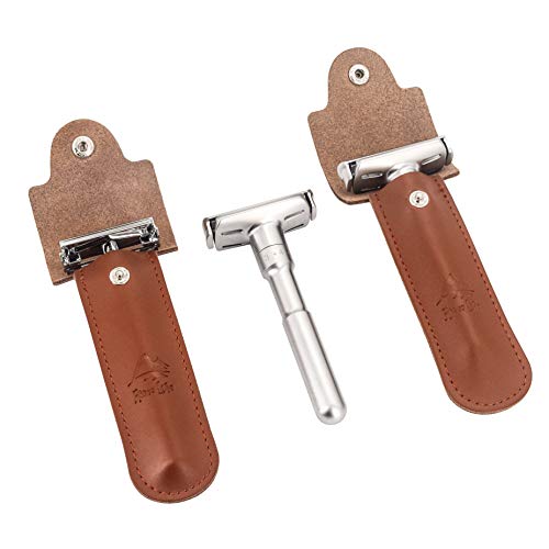 Afeitadoras de Seguridad Doble Viaje Estuche Bolso Funda Filo Protector de Maquinilla de Afeitar de Cuero en Viajes, Marrón