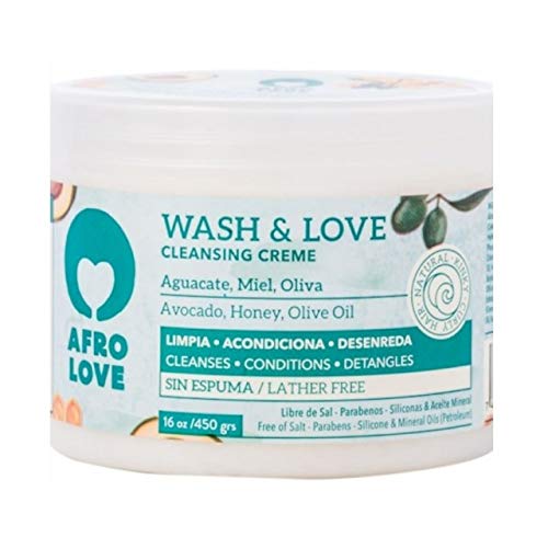 Afro Love Wash & Love Acondicionador Limpiador – Cowash para pelo rizado sin siliconas sin SLS sin parabenos ni aceites minerales 450g, con aguacate, miel y aceite de oliva, sin espuma (450g)
