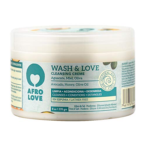 Afro Love Wash & Love Acondicionador Limpiador – Cowash para pelo rizado sin siliconas sin SLS sin parabenos ni aceites minerales 450g, con aguacate, miel y aceite de oliva, sin espuma (235g)