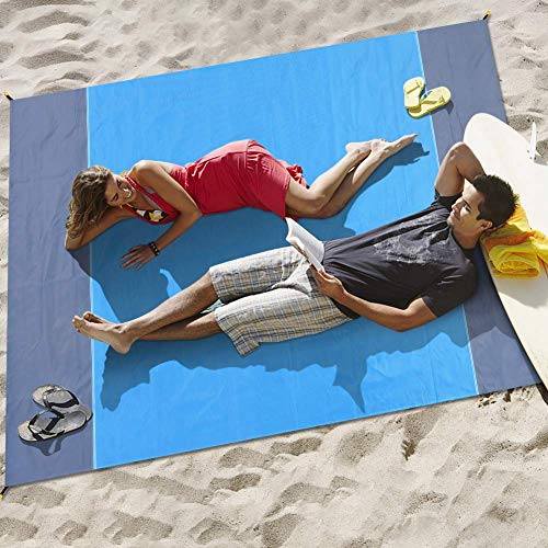 Afufu Alfombras de Playa, Toalla Playa Gigante 200 x 210cm, Manta Picnic Anti-Arena Impermeable con 4 Estaca Fijo para la Playa, Acampar, Picnic y Otra Actividad al Aire Libre (Azul + Gris)