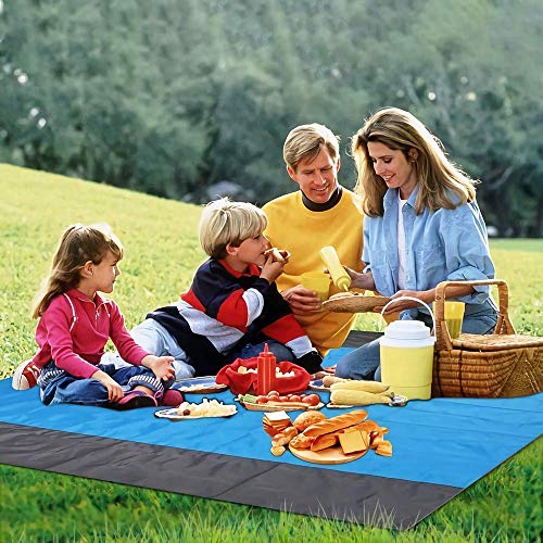 Afufu Alfombras de Playa, Toalla Playa Gigante 200 x 210cm, Manta Picnic Anti-Arena Impermeable con 4 Estaca Fijo para la Playa, Acampar, Picnic y Otra Actividad al Aire Libre (Azul + Gris)