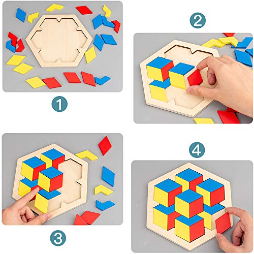 Afufu Tangram Infantil, Montessori Juguetes Puzzle Bebe 3 4 5 Años, Patrón de Forma Hexagonal Tetris, Juegos Educativos Rompecabezas de Madera para Niños Regalo de Cumpleaños