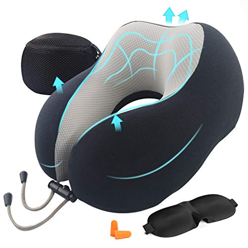 AGAKY Almohada de Viaje Almohada Cuello Espuma Memoria Sueño Suave-Tela Terapia magnética - Funda Terciopelo extraíble y Lavable- Máscara Dormir, 2 Tapones para los oídos y Bolsa de Viaje (Negro)