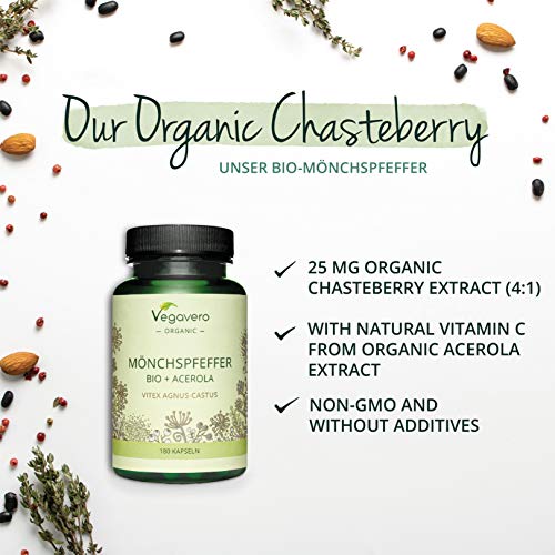 Agnus-Castus BIO Vegavero® | 100% NATURAL | ALTA DOSIS 100mg | Con Vitamina C Natural | Menopausia + Síndrome Premenstrual + Equilibrio Hormonal | 180 Cápsulas | Sin Aditivos | Vegano