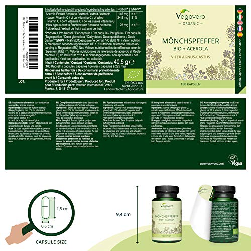 Agnus-Castus BIO Vegavero® | 100% NATURAL | ALTA DOSIS 100mg | Con Vitamina C Natural | Menopausia + Síndrome Premenstrual + Equilibrio Hormonal | 180 Cápsulas | Sin Aditivos | Vegano