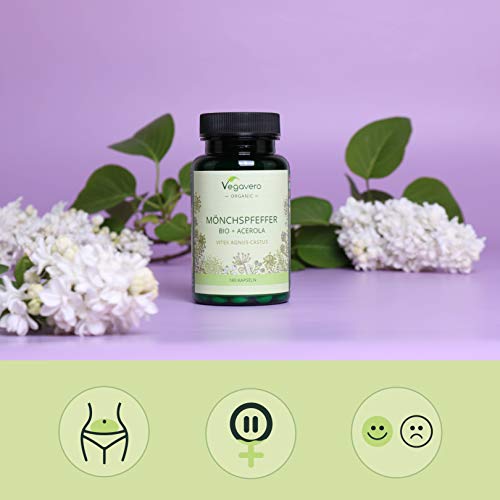 Agnus-Castus BIO Vegavero® | 100% NATURAL | ALTA DOSIS 100mg | Con Vitamina C Natural | Menopausia + Síndrome Premenstrual + Equilibrio Hormonal | 180 Cápsulas | Sin Aditivos | Vegano