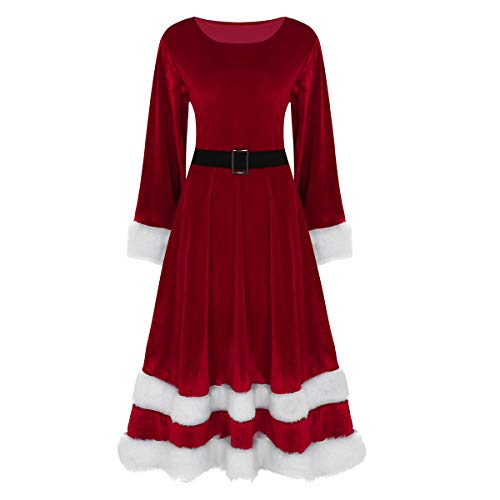 Agoky Traje de Navidad Mujer Vestido Largo de Princesa Manga Larga Disfraz de Papá Noel Fiesta Adulto Elegante Cosplay Santa Claus Christmas Dress Outfit Rojo 5X-Large