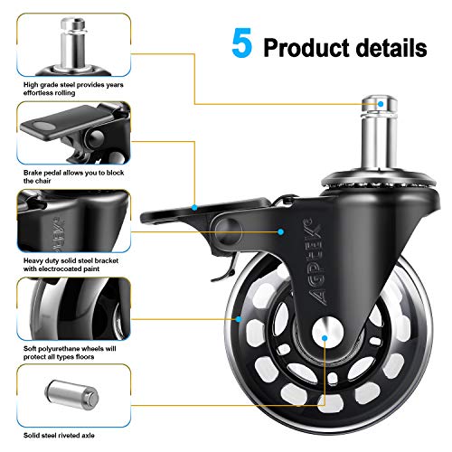 AGPtek Ruedas de Reemplazo para Silla de Oficina, Set of 5, Resistentes Soportes Universales con un Sistema de Frenado Único, Ruedan Suave y Silenciosamente, Desarmador Incluido