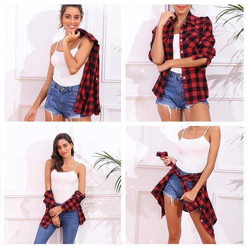 Aibrou Camisa de Cuadros para Mujer,Algodón Blusas Franela de Manga Larga Casual Clásica con Botones,Camisas a Cuadras para Primavera Otoño Invierno