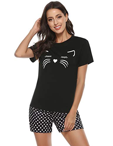 Aibrou Gato Pijama Verano Mujer Corto Algodón Suave Comodo Ligero y Agradable Ropa para Dormir Set