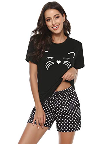 Aibrou Gato Pijama Verano Mujer Corto Algodón Suave Comodo Ligero y Agradable Ropa para Dormir Set