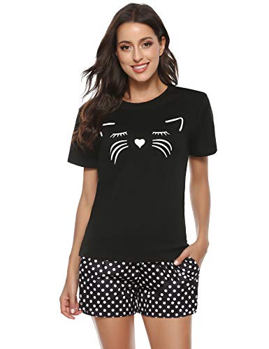 Aibrou Gato Pijama Verano Mujer Corto Algodón Suave Comodo Ligero y Agradable Ropa para Dormir Set