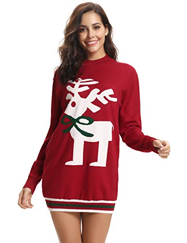 Aibrou Jersey Suéter de Navidad Mujer,Jerséis de Punto Ciervo y muñeco de Nieve Cuello Redondo Suelto Linda y Moda Regalo Ideal para Mujeres