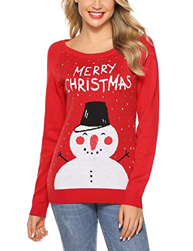 Aibrou Mujer Suéter de Navidad Muñeco de Nieve Frente Abierto Tejer Jersey de Punto,Rojo,XXL