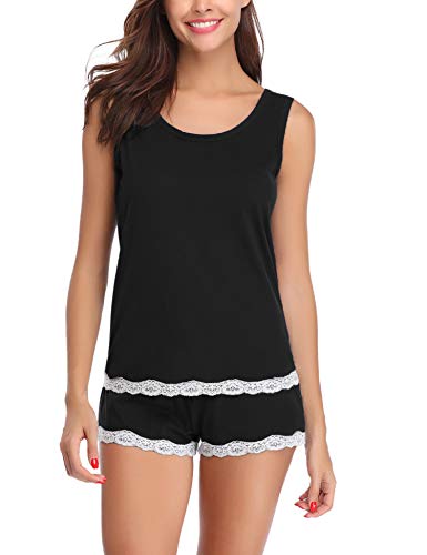 Aibrou Pijamas para Mujer Verano Corto Ropa de Domir de Algodon Manga Corta Camisetas sin Mangas y Pantalones Cortos Dos Piezas