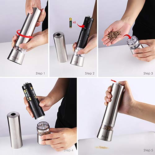 Aicok Molino de Sal y Pimienta, Durable Molinillo de Pimienta Eléctrico y Molinillo de Sal Gruesa Ajustable y Ventana Visible, Juego de 2, Plata
