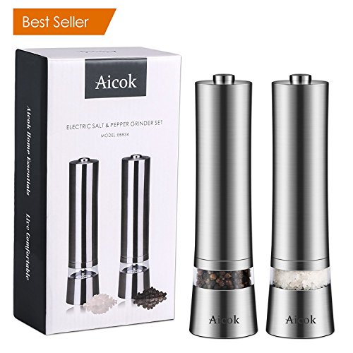 Aicok Molino de Sal y Pimienta, Durable Molinillo de Pimienta Eléctrico y Molinillo de Sal Gruesa Ajustable y Ventana Visible, Juego de 2, Plata