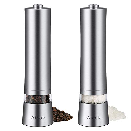 Aicok Molino de Sal y Pimienta, Durable Molinillo de Pimienta Eléctrico y Molinillo de Sal Gruesa Ajustable y Ventana Visible, Juego de 2, Plata