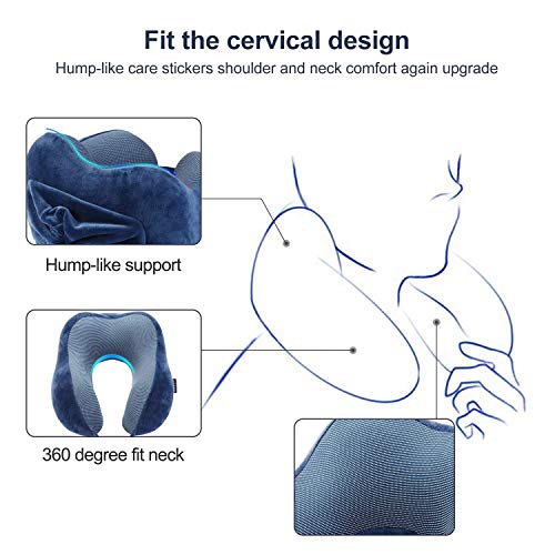 Aidodo Almohada de Viaje Espuma de Memoria Almohada de Cojín Terapéutica del Cuello Soporte en Forma U con Dormir Gafas y Tapones para los oídos para Avión Coche Tren Oficina Utilizar Azul