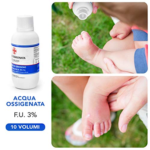 AIESI® Agua Oxigenada desinfectante Ph.Eur. 3% 10 volúmenes con tapa de seguridad para niños 250 ml (Paquete de 12 piezas) # Made in Italy
