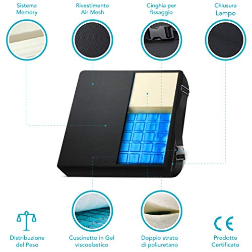 AIESI® Cojín Antiescaras Profesional (Certificado) Memory en poliuretano expandido con cojín interior de gel viscoelástico y cinturón cm 44x44x5h