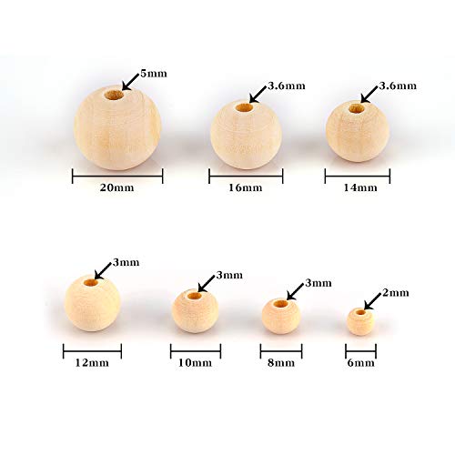 AIEX 1000 Piezas Cuentas de Madera - Bolas Madera para Manualidades DIY, Guirnalda de Pulsera, Hecha a Mano - 7 tamaños (6mm/8mm/10mm/12 mm/14mm/16mm/20mm)