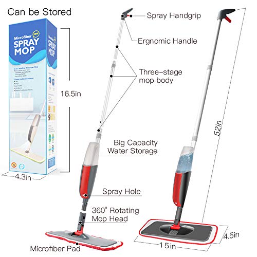 Aiglam Spray Mop, Mopa con pulverizador Limpiador de Ventanas y Escoba Barredora de Empuje Manual con Almohadilla de Microfibra Reutilizable para Suelos laminados, alicatados y de Madera (Rojo)
