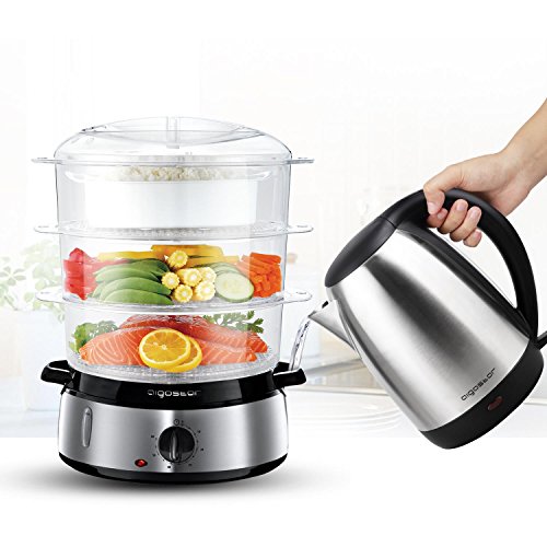 Aigostar Fitfoodie Steel - Vaporera eléctrica 800W, 3 recipientes Independientes (Capacidad Total 9l), Cuenco para Preparar arroz, Libre de BPA, Temporizador 60 Minutos y base en acero inoxidable.