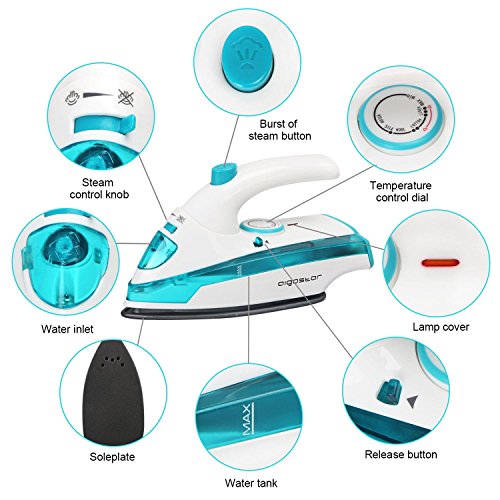 Aigostar Purpletravel 31HHL - Plancha de vapor. Doble voltaje (115V + 230 V). Diseño portátil especial para viajes. Potencia de 800 watios, suela de teflón antiadherente con depósito de 45 ml. Color Aguamarina, Diseño exclusivo.