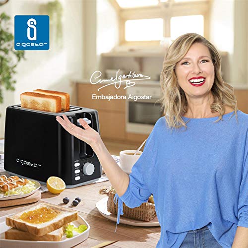Aigostar Warrior 30JRL – Tostador para dos rebanadas con 7 niveles de tostado, 750 W de potencia, función descongelación y recalentar. Libre de BPA, color negro. Diseño exclusivo.