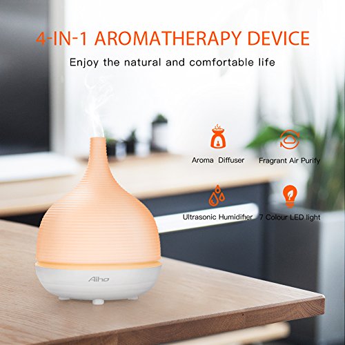 Aiho Difusor de Aceites Esenciales 500ml Ultrasónico Humidificador, Difusor Aromaterapia de Vapor Frío, 7 colores de LED, Auto-Apagado, 4 Ajustes de Tiempo para Yoga Spa Hogar Oficina Dormitorio y Baño (Blanco)