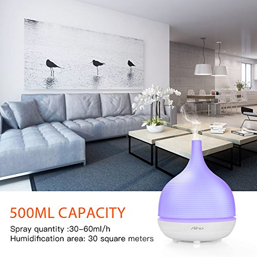 Aiho Difusor de Aceites Esenciales 500ml Ultrasónico Humidificador, Difusor Aromaterapia de Vapor Frío, 7 colores de LED, Auto-Apagado, 4 Ajustes de Tiempo para Yoga Spa Hogar Oficina Dormitorio y Baño (Blanco)