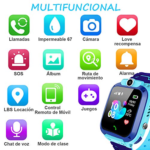 AIMIUVEI Smartwatch Niños, Reloj Inteligente Niño IP67, LBS, Llamada Bidireccional, SOS Modo de Clase, Cámara, Juegos, Regalo para Niño Niña de 3-12 años, Smartwatch soporta 2G Tarjeta Micro SIM