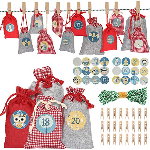 AIMTOP Calendario de Adviento, 24 Bolsa de Regalo Navidad Calendario Adviento Bricolaje, Bolsas Calendario de Yute con Adhesivos, Cuenta Atrás para Navidad Decoración de Casa de 24 días