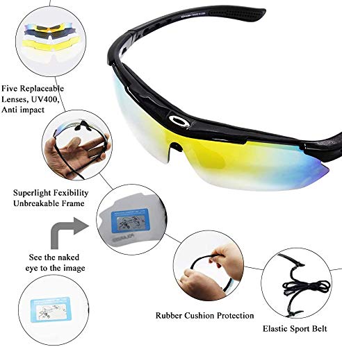 Aiooy Gafas De Sol Polarizadas,Gafas de Sol Deportivas,con 5 Lentes Intercambiables UV400 Protección Antivaho Antireflejo Anti Viento,Correr Golf Beisbol Surf Conducción Esquiando UV400 Protección