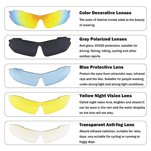 Aiooy Gafas De Sol Polarizadas,Gafas de Sol Deportivas,con 5 Lentes Intercambiables UV400 Protección Antivaho Antireflejo Anti Viento,Correr Golf Beisbol Surf Conducción Esquiando UV400 Protección