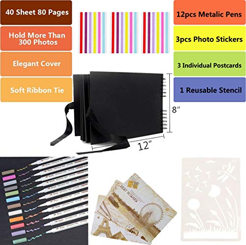 AIOR Album de Fotos para Pegar y Escribir Scrapbook, 80 Páginas Negras, DIY Scrapbooking Album Original para Aniversario de Boda de Oro Cumpleaños Navidad para Mujer Niña Novia Regalos (Negro)