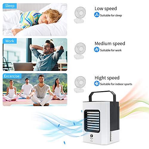 Aire Acondicionado Portátil, Mini Enfriador de Aire, 4 en 1 Ventilador Aire Acondicionado, Humidificador y Purificador, Air Cooler Fan con Mango, 3 Velocidades para Hogar Oficina Acampada