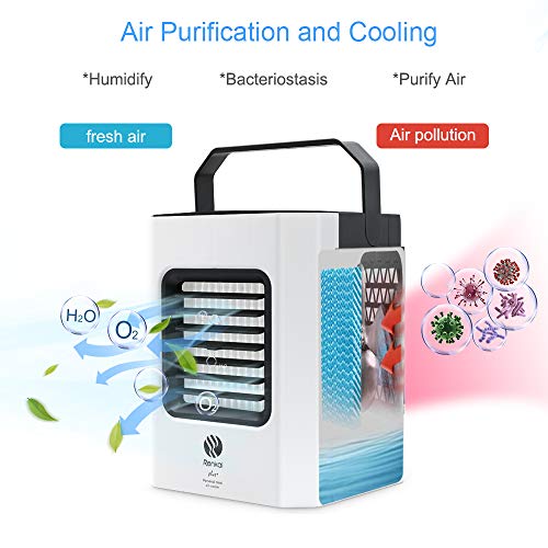 Aire Acondicionado Portátil, Mini Enfriador de Aire, 4 en 1 Ventilador Aire Acondicionado, Humidificador y Purificador, Air Cooler Fan con Mango, 3 Velocidades para Hogar Oficina Acampada