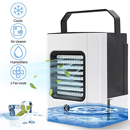 Aire Acondicionado Portátil, Mini Enfriador de Aire, 4 en 1 Ventilador Aire Acondicionado, Humidificador y Purificador, Air Cooler Fan con Mango, 3 Velocidades para Hogar Oficina Acampada