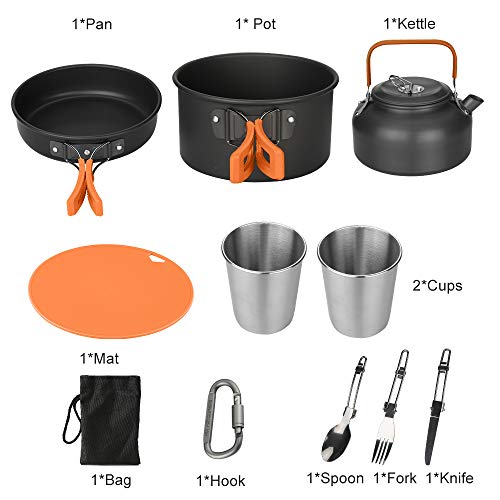 Aitsite Camping Kit de Utensilios de Cocina 11PCS Camping Cookware Outdoor Libre de Aluminio Ligero Camping Pot Pan Set con Bolsa Malla, Tetera, Cuchillo, Tenedor, Cuchara, 2 Tazas y Gancho (Orange)