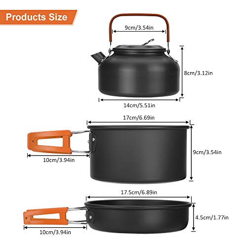 Aitsite Camping Kit de Utensilios de Cocina 11PCS Camping Cookware Outdoor Libre de Aluminio Ligero Camping Pot Pan Set con Bolsa Malla, Tetera, Cuchillo, Tenedor, Cuchara, 2 Tazas y Gancho (Orange)