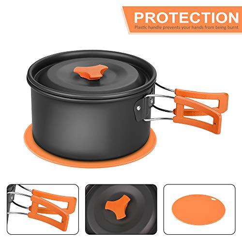 Aitsite Camping Kit de Utensilios de Cocina 11PCS Camping Cookware Outdoor Libre de Aluminio Ligero Camping Pot Pan Set con Bolsa Malla, Tetera, Cuchillo, Tenedor, Cuchara, 2 Tazas y Gancho (Orange)