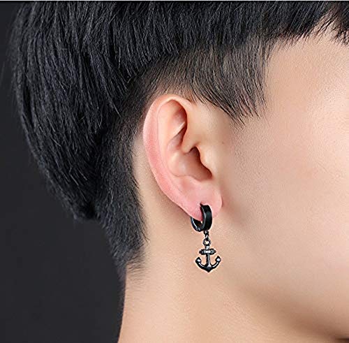 AIUIN Pendientes de Hombres y Hembras Ancla Pequeña Hoop Huggie Aretes Colgante con Forma de Ancla Pendientes de Acero de Titanio Pendientes de Botón Hermosa (1 par Negro)