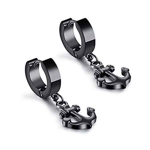 AIUIN Pendientes de Hombres y Hembras Ancla Pequeña Hoop Huggie Aretes Colgante con Forma de Ancla Pendientes de Acero de Titanio Pendientes de Botón Hermosa (1 par Negro)