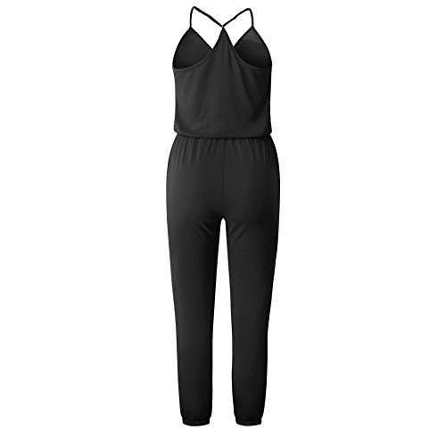 Ajpguot Verano Mujer V-Cuello Sin Mangas Monos Color sólido Mamelucos Sexy Sin Respaldo Jumpsuits de Playa Rompers (M, Negro)